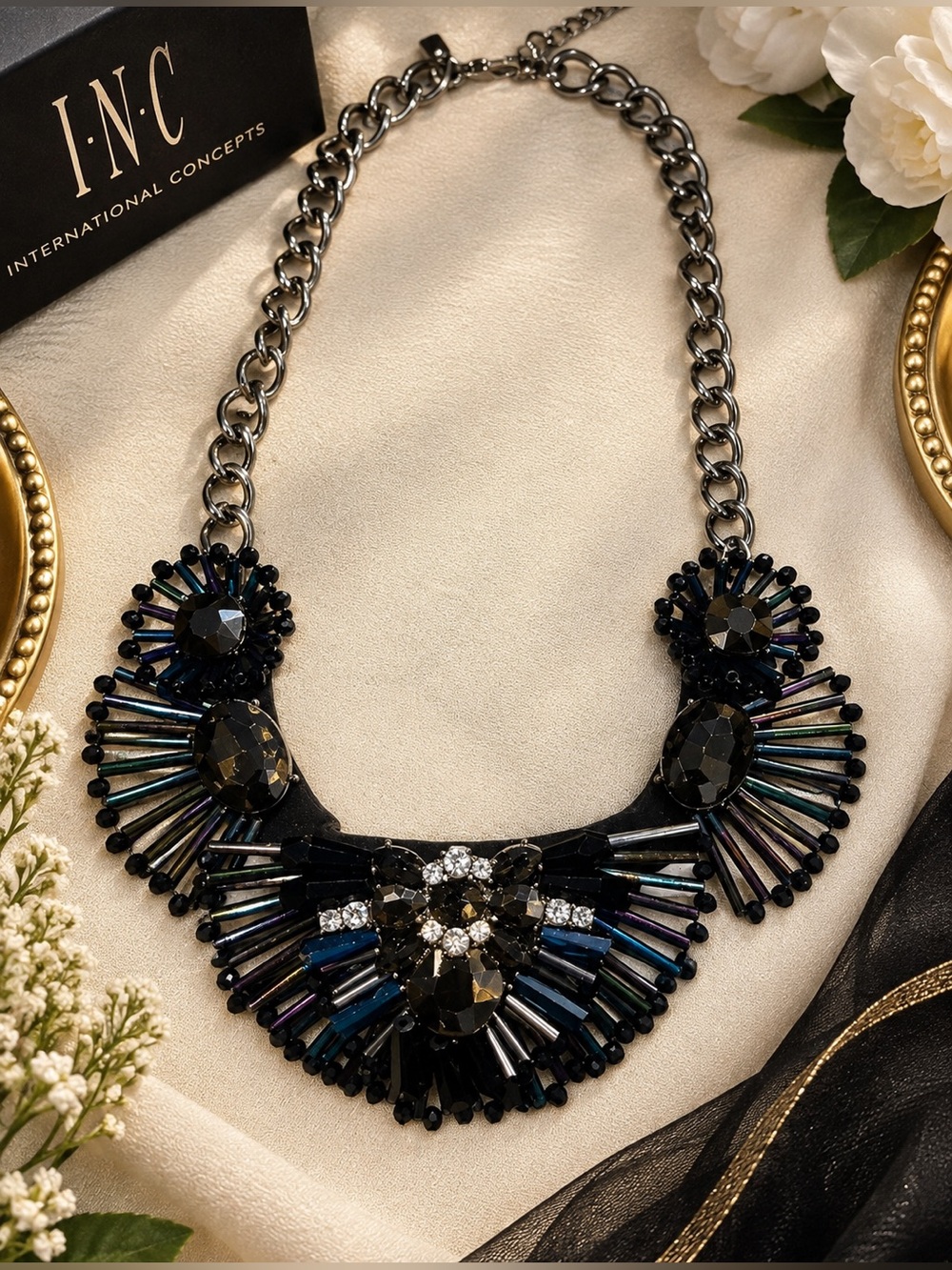 INC International Concepts Black Statement Bib Necklace NWT